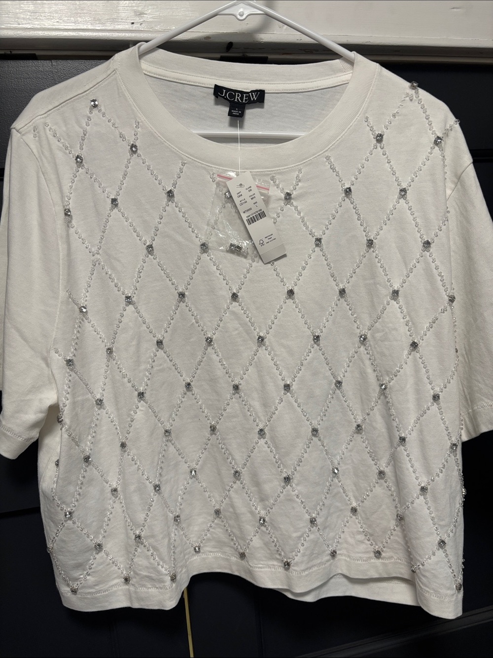 J. Crew Cream Short-Sleeve Beaded Diamond Tee